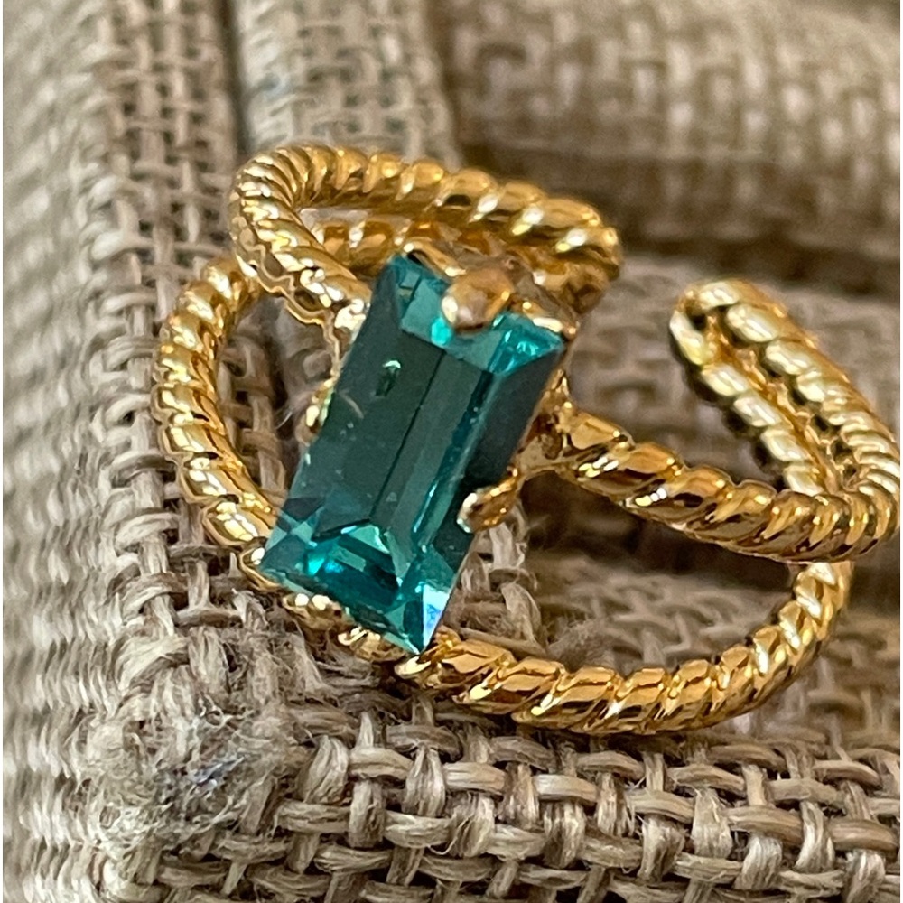 NEW Aqua Blue Austrian Fancy Cut Crystal Gold Tone Adjustable Ring